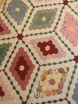 Beautiful Vintage Diamond Hexagon Quilt Handmade 72 By 72