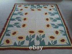 Beautiful Vintage Hand Appliqued Hand Quilted Sunflower Quilt approx. 65 x 84