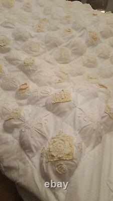 Beautiful Vintage Handmade White Puffy Quilt Blanket Rosettes Embroidered Lace