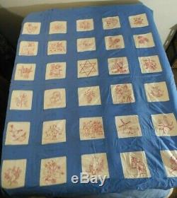 Beautiful Vintage Red Work MID Century Custom Hand Made Quilt 66 X 82