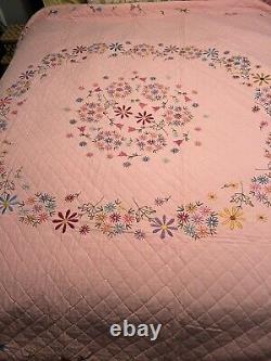 Beautiful vintage hand embroidered pink floral quilt 80 x 96