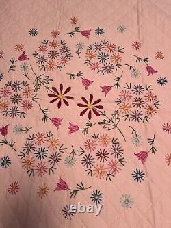 Beautiful vintage hand embroidered pink floral quilt 80 x 96