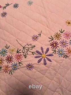 Beautiful vintage hand embroidered pink floral quilt 80 x 96