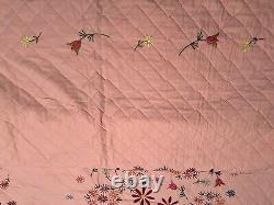 Beautiful vintage hand embroidered pink floral quilt 80 x 96