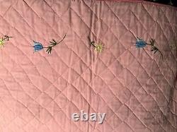 Beautiful vintage hand embroidered pink floral quilt 80 x 96