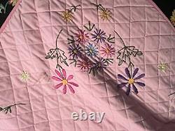 Beautiful vintage hand embroidered pink floral quilt 80 x 96