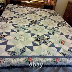 Blue 8 Point Star With Floral Squares Vintage Handmade Quilt 86x 86, NICE
