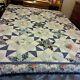 Blue 8 Point Star With Floral Squares Vintage Handmade Quilt 86x 86, Nice