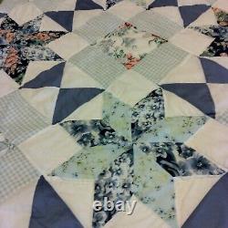 Blue 8 Point Star With Floral Squares Vintage Handmade Quilt 86x 86, NICE