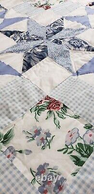 Blue 8 Point Star With Floral Squares Vintage Quilt 97x 88