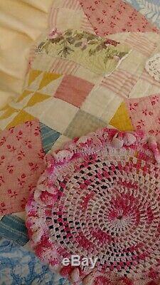 Body Pillow COVER 20x54 Vintage Quilt Lace Bird Embroidery Linen Ruffles tmyers