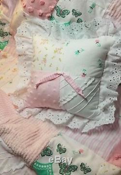 Butterfly Kisses Vintage Pink Shabby Chenille Baby ruffle Girl Crib Quilt Gift