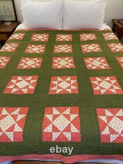 C1880s Antique Hand Stitched Quilt Eight Pointed Star Green, Turkey Red