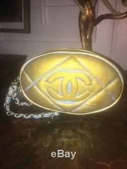 CHANEL VIP VTG Micro Camera Logo Wrist Chain Oval Pouch Hand Painted Blue Gold