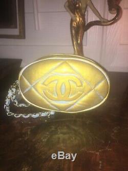 CHANEL VIP VTG Micro Camera Logo Wrist Chain Oval Pouch Hand Painted Blue Gold