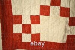 CLASSIC Vintage 1880's Red & White Nine Patch Antique Crib Quilt