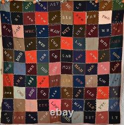 COLORFUL Vintage Wool One Patch Checkerboard Antique Quilt Signed & Dated 1923