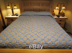 Cathedral Window HANDMADE QUILT Blue Ivory Toffee Cotton 92x120 Never Used Vtg