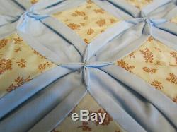 Cathedral Window HANDMADE QUILT Blue Ivory Toffee Cotton 92x120 Never Used Vtg