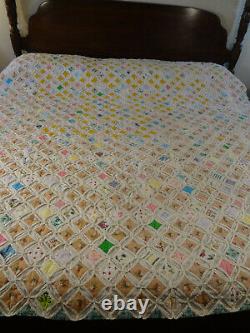 Cathedral Window Hand Made Quilt Beautiful 80x 80 Vintage