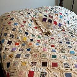 Cathedral Window Quilt Hand Stitched With Pillow 78x85 Full Vintage