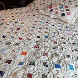 Cathedral Window Quilt Hand Stitched With Pillow 78x85 Full Vintage