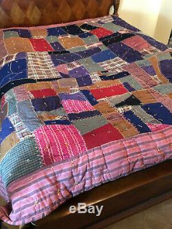 Charming Twin/Full Sized Vintage Handmade Crazy Quilt Blanket With Hand Ties