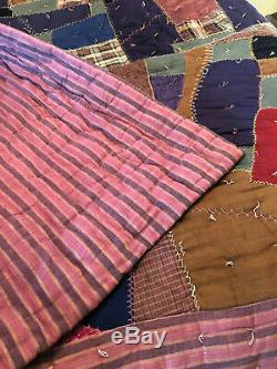 Charming Twin/Full Sized Vintage Handmade Crazy Quilt Blanket With Hand Ties