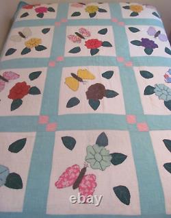 Charming Vintage PANSY FLOWER & BUTTERFLY Applique QuiltHand Quilted 62x82