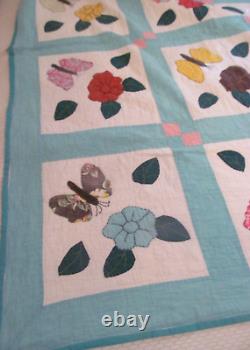 Charming Vintage PANSY FLOWER & BUTTERFLY Applique QuiltHand Quilted 62x82