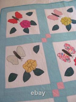 Charming Vintage PANSY FLOWER & BUTTERFLY Applique QuiltHand Quilted 62x82