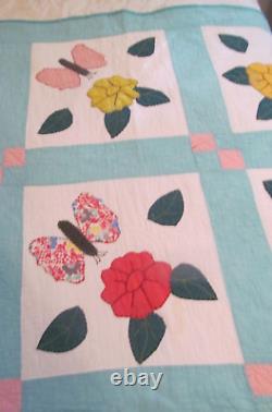 Charming Vintage PANSY FLOWER & BUTTERFLY Applique QuiltHand Quilted 62x82