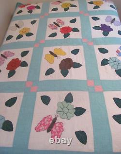 Charming Vintage PANSY FLOWER & BUTTERFLY Applique QuiltHand Quilted 62x82