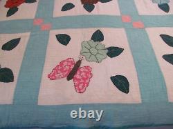 Charming Vintage PANSY FLOWER & BUTTERFLY Applique QuiltHand Quilted 62x82