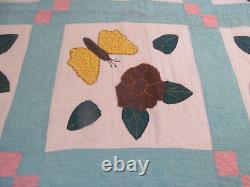 Charming Vintage PANSY FLOWER & BUTTERFLY Applique QuiltHand Quilted 62x82