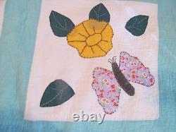 Charming Vintage PANSY FLOWER & BUTTERFLY Applique QuiltHand Quilted 62x82