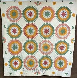 Cheddar Red Green! PA c 1890-1900 Blazing Stars QUILT Antique Hearts Applique Br