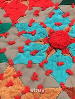 Colorful VINTAGE Hand Made STAR Pattern QUILT / BED COVER Textured 64 x 75
