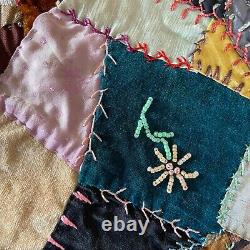 Crazy Quilt Pieces Antique Unfinished Multicolor Square Shaped 1870s Set Of 5