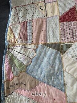 Crazy quilt vintage 1928 HANDMADE, ANTIQUE, EMBROIDERED, UNIQUE 72x85 Folk Art