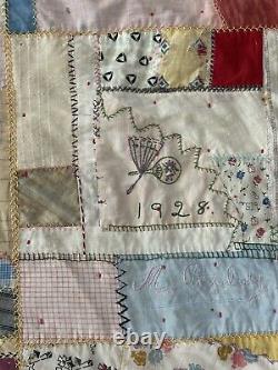 Crazy quilt vintage 1928 HANDMADE, ANTIQUE, EMBROIDERED, UNIQUE 72x85 Folk Art