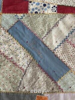 Crazy quilt vintage 1928 HANDMADE, ANTIQUE, EMBROIDERED, UNIQUE 72x85 Folk Art