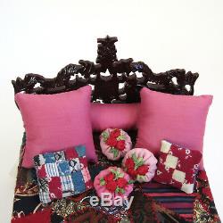 Dollhouse BESPAQ BED CARVED Artisan CRAZY QUILT Vtg Handmade Artist Made Blanket