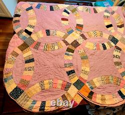 Double Wedding Ring Vintage Quilt Hand Stitched 90 x 87 Colorful Purple Pink