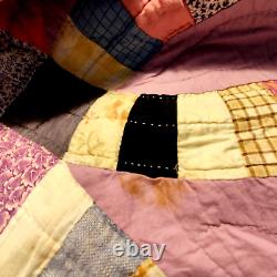 Double Wedding Ring Vintage Quilt Hand Stitched 90 x 87 Colorful Purple Pink