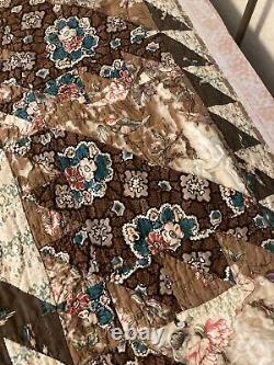 Early 1800's Antique Quilt Brown, Blue Sawtooth Delectable Mts, 90x80
