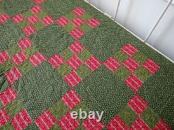 Early PA Antique Red & Green Nine Patch QUILT 90x87 Never Used Civil War Era