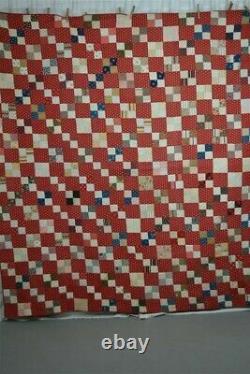 Early old quilt cotton calico red 74x76 Civil War Era hand made original 19th c