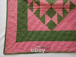 Excellent Crisp Lancaster PA Pink & Green Cats Cradle Antique 1880s QUILT 85x84