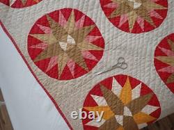 Excellent and Early! Antique Red & Brown Compass Star Quilt 80x68